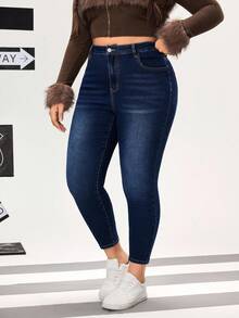 SHEIN Unity Plus Size Women's Casual Fashion Versatile Button Skinny Jeans - Blue - View 4