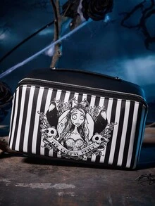 Corpse Bride X SHEIN 1 件卡通图案印花大容量可折叠 PU 皮革化妆包、多功能收纳包、小物品收纳包、旅行收纳包、数码收纳包，适合日常携带小物品、旅行、工作、化妆或学习，非常适合女性和学生；也适合婚礼、哥特式、爱情主题和维多利亚时代美学等场合。、哥特、万圣节 - 黑與白 - 查看 2