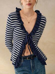 Cévolie 女士秋季系带条纹荷叶边开衫 - 彩色 - 查看 1