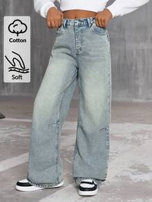 SHEIN Sparklyn Jeans anchos de pierna recta con diseño de pespunte de contraste amarillo y lavado azul, de ajuste holgado, para niñas. Adecuados para salidas casuales y uso al aire libre en primavera, otoño e invierno