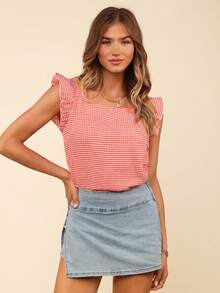 Coeurva Woven Check Pattern Cap Sleeve Square Collar Regular Fit Ladies Shirt, Vacation Style - Red and White - View 3