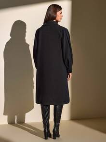 CLARA VERO Ballon Sleeve, Belted, Long Overcoat - Black - View 5