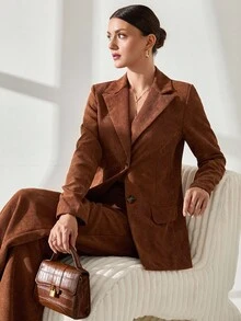 CLARA VERO 女士天鹅绒西装外套和裤子两件套 - 棕色 - 查看 1