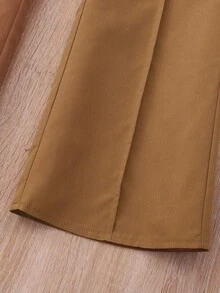 SHEIN Conjunto de camiseta para niñas preadolescentes, blusa blanca con cuello elegante, combinada con pantalones acampanados con ribete a rayas negras, para vacaciones de verano - Marrón - Ver 7