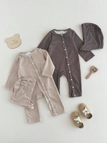SHEIN 2pcs Baby Boys Striped Fleece Thickened Romper + Hat Set, Round Neck Warm Soft Fabric, Khaki & Coffee Color Korean Style Casual Versatile, Snap Button Design Easy To Wear, Long Sleeve & Pants Bodysuit Suitable For Outdoor In Winter, New Arrival Fall