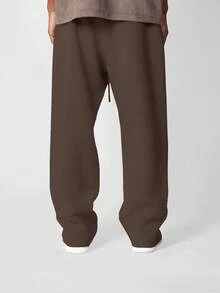 Pantalones de chándal de tiro caído y pierna ancha SUMWON, de felpa cálida de invierno, pantalones de estar por casa casuales con cordón y estampado de números lisos - Marrón Chocolate - Ver 6