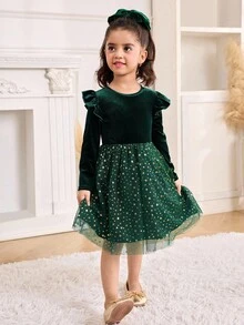 Vestido de fiesta, vestido de Navidad, estilo de palacio lujoso para niña joven con parches de terciopelo, malla brillante con estrellas - Verde - Ver 2