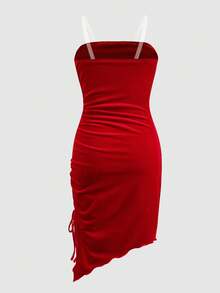 SHEIN 女童拼色彼得潘领格子拼接学院风长袖 A 字裙，天鹅绒蝴蝶结细节，女童优雅天鹅绒 V 领长袖 A 字裙 + 包，圣诞节和派对装，秋冬，甜美时尚、可爱、舒适、百搭 - 紅色 - 查看 2