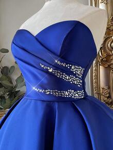 Lovelzi 优雅蓝色水钻短款A字系带露背抹胸连衣裙，适合婚礼、派对、约会、度假、舞会、婚礼宾客、派对礼服、情人节等场合。 - 藍色 - 查看 3