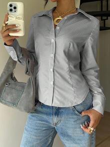 SHEIN EZwear 女士秋季新款粉色条纹系腰修身长袖衬衫 - 黑與白 - 查看 2