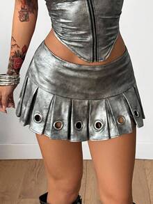 Coolane Women's Fall Concert Going Out Music Festival Streetwear Vintage Y2K Grommet Eyelet Silvery Low Rise Mini Pleated Skirt - Silver - View 4