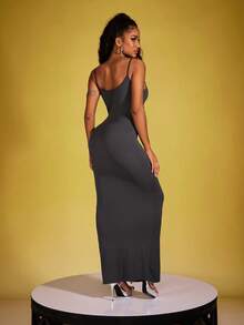 INAWLY Solva Women's Solid Color Simple Daily Spaghetti Strap Dress - Dark Grey - View 2