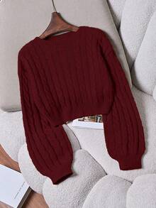 Franclia Solid Color Crew Neck Cable Knit Casual Pullover Sweater,Long Sleeve Tops Knit Pullover Fall Winter Outfit - Burgundy - View 3