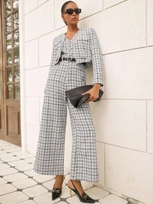 Aveloria Modichic Chaqueta de tweed a cuadros con decoración de botones de perla, combinada con un conjunto de traje clásico largo para mujer