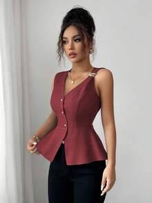 Elenzga 新款时尚金属扣设计 V 领无袖上衣，收腰，百搭，适合女性，夏季