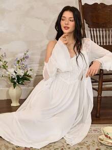 Côtesoire 法式优雅蕾丝女士睡衣套装，秋冬服装 - 白色 - 查看 7