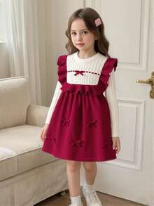 Elladie kids 1 件女童毛衣裙，甜美公主风格，红白色块罗纹纹理，蝴蝶结装饰，荷叶边下摆，罗纹针织，圆领长袖，欧式设计连衣裙，常规厚度，适合生日派对，秋冬