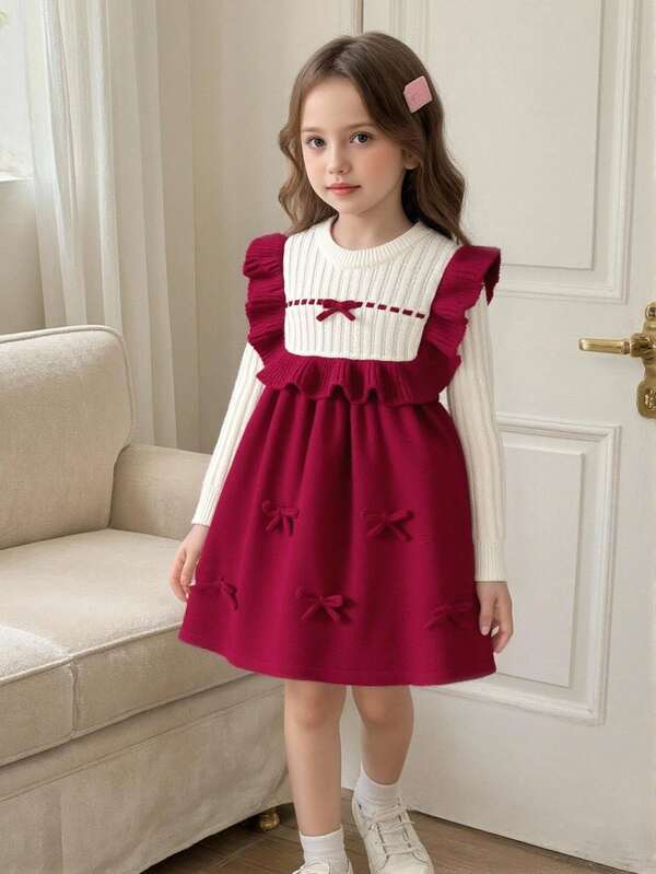 Elladie kids 1 váy len cho bé gái, phong cách công chúa ngọt ngào, họa tiết sọc khối màu đỏ và trắng, trang trí nơ, viền nhún bèo, dệt kim sọc, cổ tròn tay dài, váy thiết kế theo phong cách Châu Âu, độ dày thông thường, thích hợp cho tiệc sinh nhật, mùa thu/đông