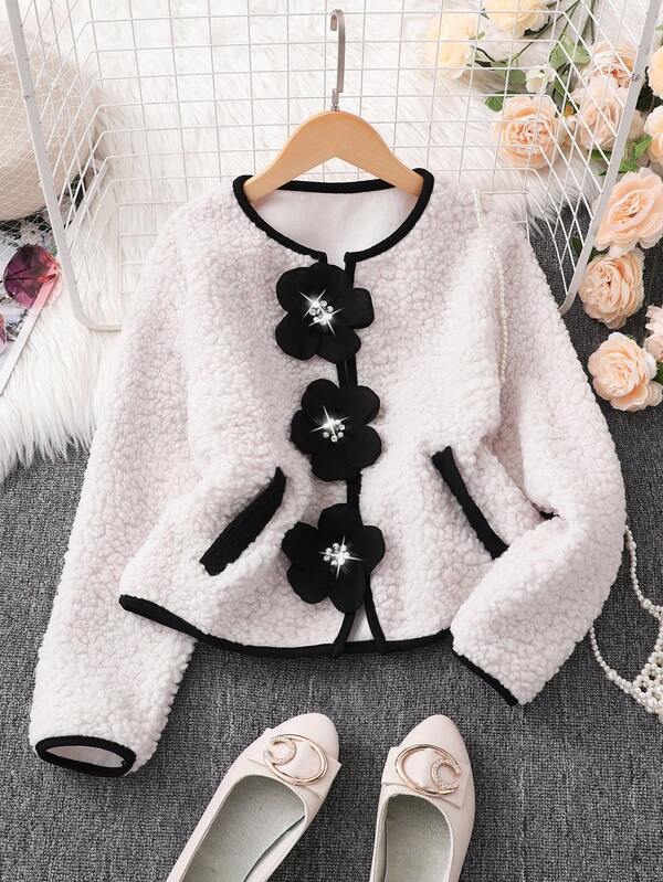 SHEIN Tween Girl Elegant & Chic Rhinestone 3D Floral Decor Black & White Contrast Soft Fleece Short Jacket