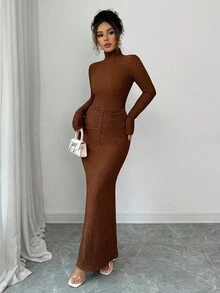 Rafferiza Vestido de punto elástico con cuello alto, manga larga y drapeado, versátil y sexy para el otoño/invierno