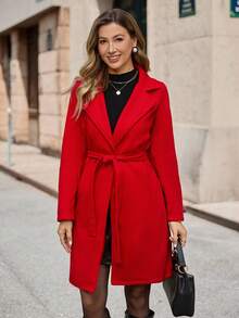 EMERY ROSE Women Elegant Stand Collar Double Breasted Belted Coat - Red - View 3