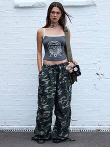 COUREZ Top de encaje con estampado frontal / Ropa de mujer Y2K para otoño, ropa de otoño, blusas lindas, camisetas gráficas, top para salir, ropa de invierno - Gris Oscuro - Ver 2