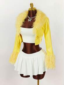 Y2K Amplova 女款卷毛翻领长袖皮草和皮革性感亮色飞行夹克，适合秋冬季派对和学校穿着 - 黃色 - 查看 6