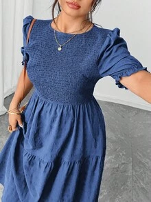 Elenzga Váy xếp ly tay bồng cỡ lớn Shien Holidaya - Màu xanh lam - Xem 6