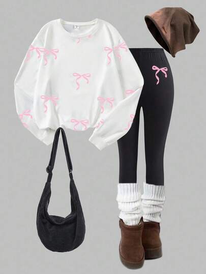 Sparklyn Conjunto de chándal para adolescentes, sudadera de cuello redondo con estampado digital blanco y lazo negro, pantalones pitillo negros, cómodo y ajustado