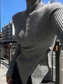 Strévra 女式秋季高领交叉下摆毛衣 - 灰色 - 查看 1