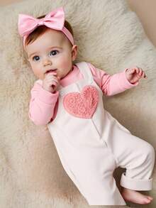Baby Girls Loose Casual Round Neck Pink Sweatshirt Paired With Heart Pattern Suspender Velvet Pants Set, Autumn/Winter - Pink - View 1