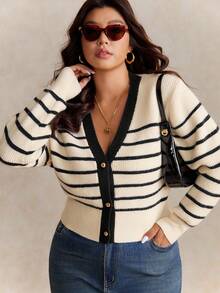 Elaquor Plus Size Women Casual Loose Contrast Striped Long Sleeve Cardigan In Fall/Winter - Black - View 1