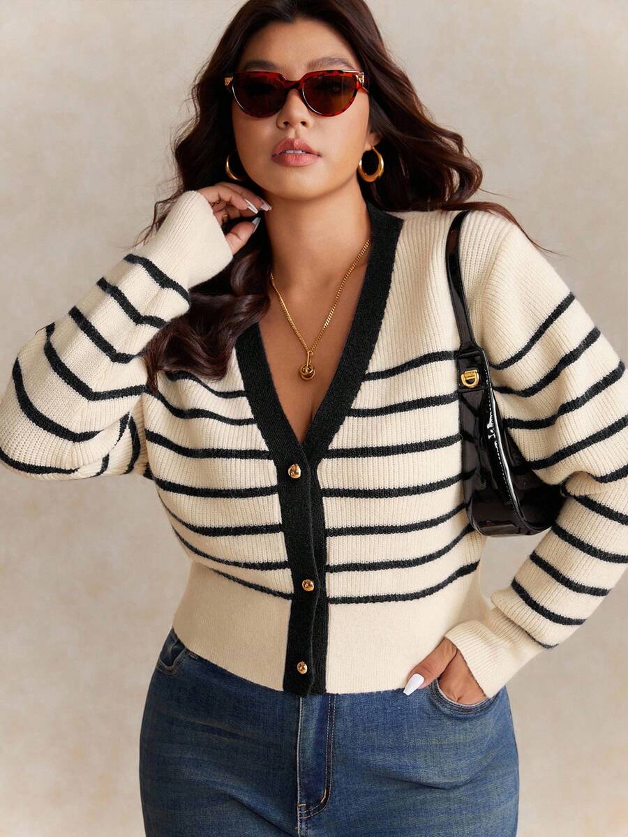 Elaquor Plus Size Women Casual Loose Contrast Striped Long Sleeve Cardigan In Fall/Winter - Black - View 1