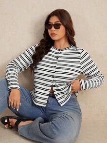 Elaquor Camiseta casual de talla grande con botones y rayas, otoño