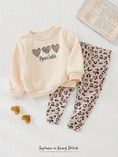 Cozy Pixies 2件套女婴字母印花圆领套头衫和厚羊毛裤套装