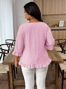 Weeklong Plus Size Women Plaid Round Neck 3/4 Sleeve Loose Casual Shirt