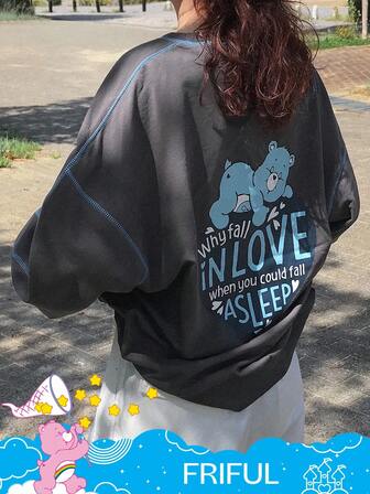 SHEIN X Care Bears FRIFUL Women's Round Neck Loose Casual T-Shirt With Contrast Stitching And Letter Graphic, Long Sleeve Top