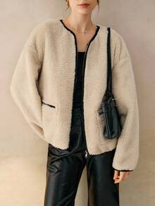 Cévolie 女士秋冬新款百搭圆领宽松羊羔绒抓绒复合皮草外套 - 杏色 - 查看 5