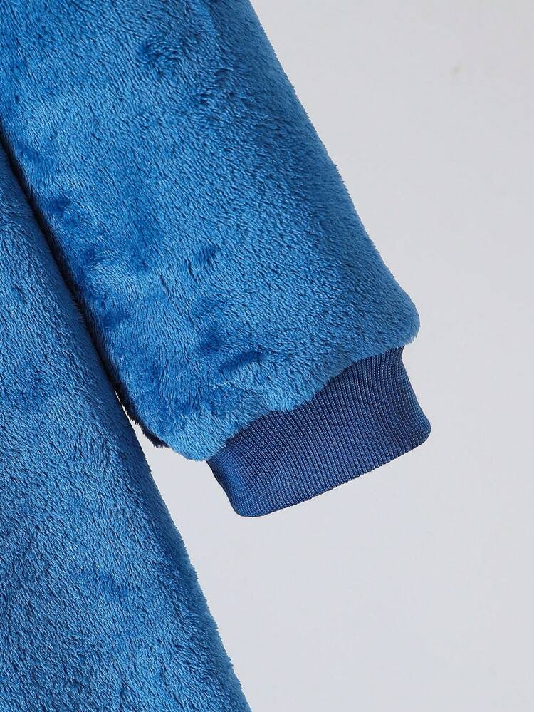 SHEIN 男士趣味怪兽表情抓绒蓝色长袖拉链连体衣，可爱图案设计，是爸爸冬天和孩子亲子互动玩耍的理想选择，秋冬季趣味蓬松睡衣，舒适保暖 - 藍色 - 查看 4