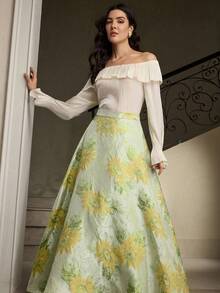 ZEYLAH Elegant Floral Jacquard A-Line Midi Skirt For Women - Green - View 5