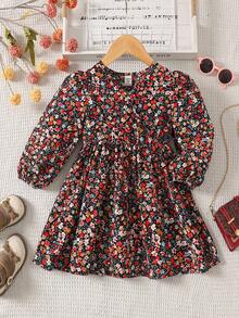 Emery Rose Kids Emery Rose Kids Tween Girl Ditsy Floral V Neck Lantern Long Sleeve Casual Boho A-Line Dress,Autumn Winter - Black - View 5