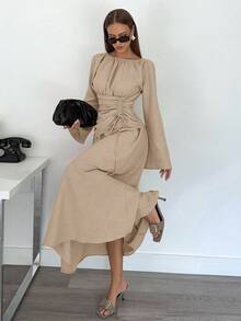 Siren Gaze Váy dài thắt eo thời trang thường ngày dành cho nữ - Màu Khaki - Xem 3