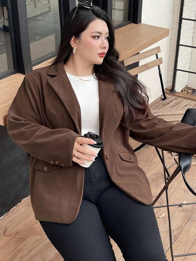 Dazy Plus Corduroy Thick Lapel Blazer Style Loose Plus Size Women Casual Jacket Fall/Winter Women Coats