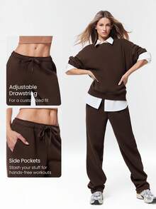GLOWMODE 30" Pantalones de chándal de pierna ancha de felpa de uso diario con cintura ajustable con cordón y bolsillos laterales para uso casual diario - Marrón Chocolate - Ver 3