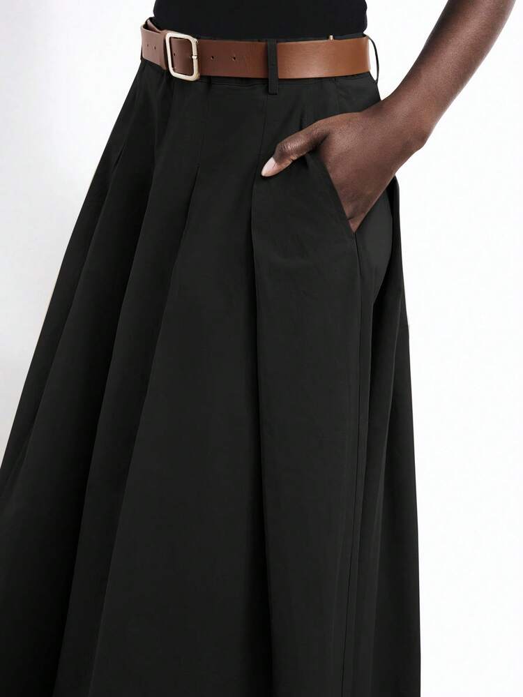 SHEIN Maija New Spring/Summer Black Pleated Side Pocket PU Leather Metal Belt Detachable Hem A-Line Skirt, Elegant Office Wear