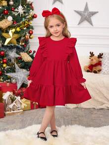 SHEIN Váy len tay bồng nhún bèo màu trơn cho bé gái - Đỏ - Xem 6