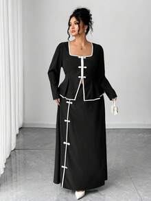 Elenzga Koszula i spódnica damska w dużym rozmiarze z kwadratowym kołnierzykiem i długim rękawem, 2 sztuki, swobodny i stylowy - Czarne i Białe - Zobacz 4