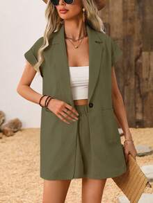 EMERY ROSE Women's Simple Solid Color Single-Button Pocket Blazer And Shorts Set, Summer - Army Green - View 6
