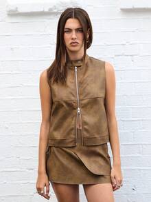COUREZ Faux Leather Zip Up Vest /Y2k Cute Tops Going Out Top Spring Jacket - Brown - View 6