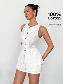 SHEIN Tall Conjunto de verano de estilo bohemio para mujer, modelo 2025 - Conjunto de traje de oficina de damas tejido blanco, Conjunto de dos piezas blanco, Mono blanco para mujer, Monos y petos blancos, Mono corto casual, Mono de lino para otoño/invierno